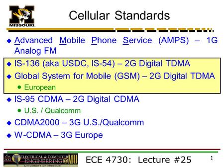 Cellular Standards Advanced Mobile Phone Service (AMPS) – 1G Analog FM