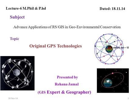Presented by Rehana Jamal (GIS Expert & Geographer) Dated: 18.11.14 Advance Applications of RS/GIS in Geo-Environmental Conservation Subject Lecture-6.