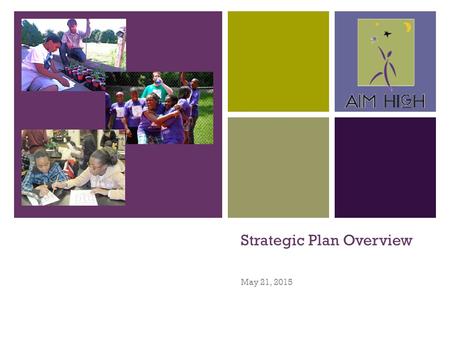+ Strategic Plan Overview May 21, 2015. + Process Full Board Retreat – Vision, Values, SWOT and Strategic Issue Area Identification – January Strategic.