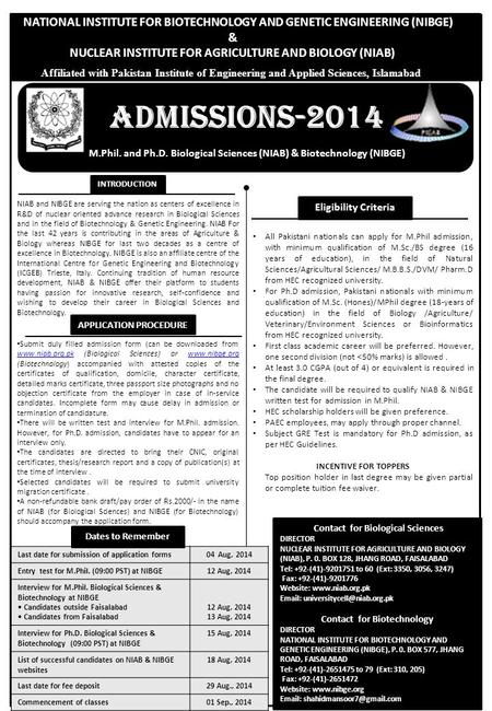 Admissions-2014 M.Phil. and Ph.D. Biological Sciences (NIAB) & Biotechnology (NIBGE) NIAB and NIBGE are serving the nation as centers of excellence in.