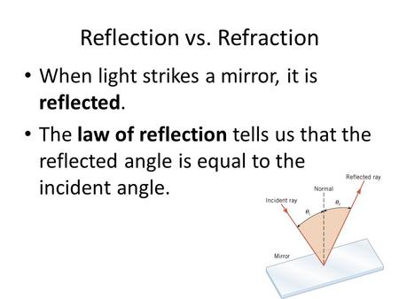 Reflection vs. Refraction When light strikes a mirror, it is reflected. The law of reflection tells us that the reflected angle is equal to the incident.