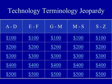 Technology Terminology Jeopardy A - DE - FG - MM - SS - Z $100 $200 $300 $400 $500.