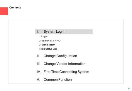 0 I.System Log-in 1.Login 2.Search ID & PWD 3.Start System 4.Bid Status List II.Change Configuration III.Change Vendor Information IV.First Time Connecting.