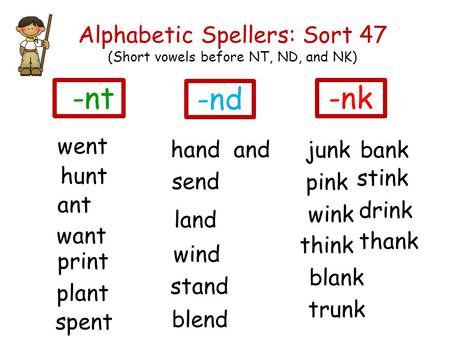 Alphabetic Spellers: Sort 47 (Short vowels before NT, ND, and NK)