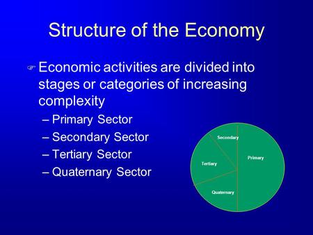 Structure of the Economy F Economic activities are divided into stages or categories of increasing complexity –Primary Sector –Secondary Sector –Tertiary.