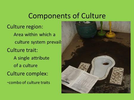Components of Culture Culture region: Area within which a culture system prevails Culture trait: A single attribute of a culture Culture complex: - combo.