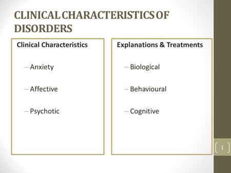 CLINICAL CHARACTERISTICS OF DISORDERS