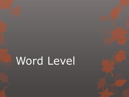 Word Level.  Children should begin by writing English word they know and can use.  Techniques for whole word recognition are very important.