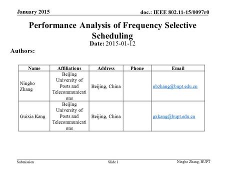 Submission doc.: IEEE 802.11-15/0097r0 Slide 1 Performance Analysis of Frequency Selective Scheduling Date: 2015-01-12 Authors: Ningbo Zhang, BUPT January.