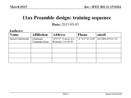 Doc.: IEEE 802.11-15/0364 March 2015 Sigurd SchelstraeteSlide 1 11ax Preamble design: training sequence Date: 2015-03-05 Authors: