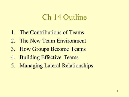 Ch 14 Outline The Contributions of Teams The New Team Environment