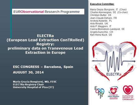 EURObservational Research Programme ESC CONGRESS – Barcelona, Spain AUGUST 30, 2014 Maria Grazia Bongiorni, MD, FESC ELECTRa Registry Chair University.