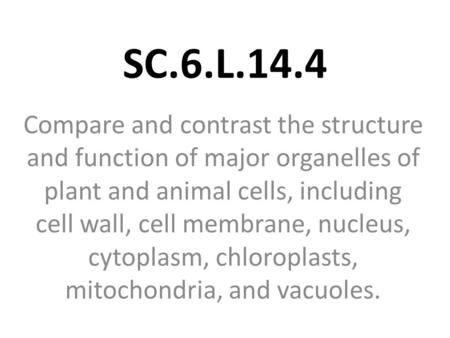 SC.6.L.14.4 Compare and contrast the structure and function of major organelles of plant and animal cells, including cell wall, cell membrane, nucleus,
