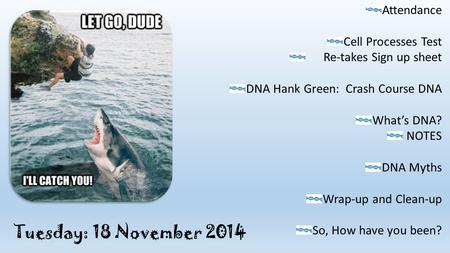 Tuesday: 18 November 2014 Attendance Cell Processes Test Re-takes Sign up sheet DNA Hank Green: Crash Course DNA What’s DNA? NOTES DNA Myths Wrap-up and.