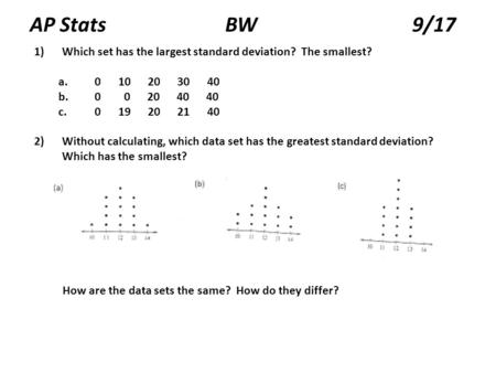 AP Stats BW 9/17 1)Which set has the largest standard deviation? The smallest? a. 0 10 20 30 40 b. 0 0 20 40 40 c. 0 19 20 21 40 2)Without calculating,