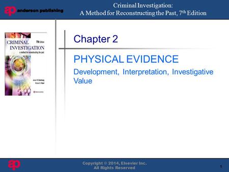 1 Book Cover Here Copyright © 2014, Elsevier Inc. All Rights Reserved Chapter 2 PHYSICAL EVIDENCE Development, Interpretation, Investigative Value Criminal.