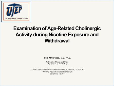 Examination of Age-Related Cholinergic Activity during Nicotine Exposure and Withdrawal Luis M Carcoba, M.D, Ph.D. University of Texas at El Paso Department.