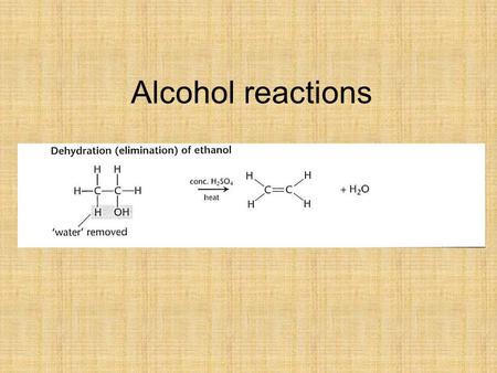 Alcohol reactions. Alcohols – reactions Addition of alkene to form alcohol. Elimination of alcohol to form alkene. Halogenation (substitution) of alcohol.