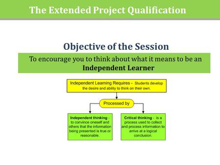 The Extended Project Qualification To encourage you to think about what it means to be an Independent Learner Objective of the Session.