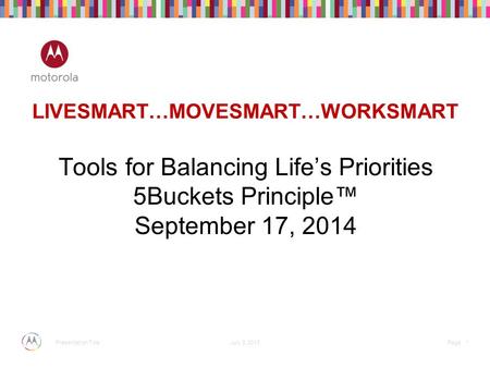 July 3, 2013 * Page Presentation Title LIVESMART…MOVESMART…WORKSMART Tools for Balancing Life’s Priorities 5Buckets Principle™ September 17, 2014.