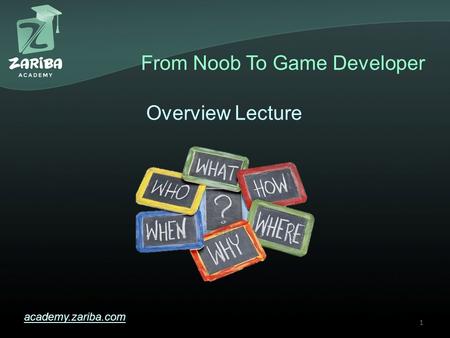 From Noob To Game Developer academy.zariba.com Overview Lecture 1.