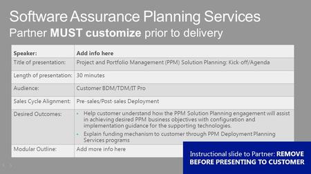 1 Partner MUST customize prior to delivery Software Assurance Planning Services 1 Speaker:Add info here Title of presentation:Project and Portfolio Management.