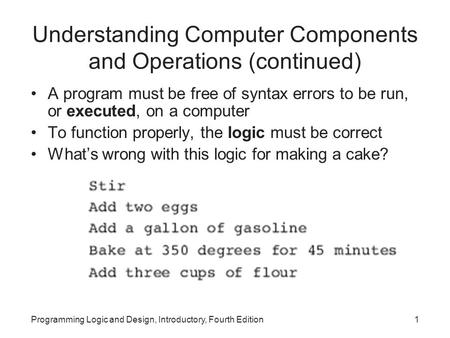 Programming Logic and Design, Introductory, Fourth Edition1 Understanding Computer Components and Operations (continued) A program must be free of syntax.