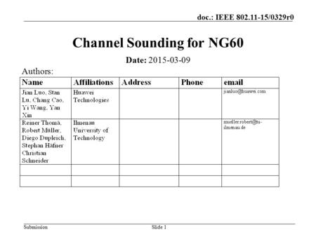 Submission doc.: IEEE 802.11-15/0329r0 Channel Sounding for NG60 Date: 2015-03-09 Authors: Slide 1.