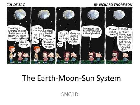 The Earth-Moon-Sun System SNC1D. The motion of the Moon The Moon revolves around the Earth in a nearly circular orbit.