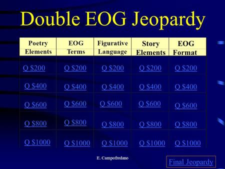 E. Campofredano Double EOG Jeopardy Poetry Elements EOG Terms Figurative Language Story Elements EOG Format Q $200 Q $400 Q $600 Q $800 Q $1000 Q $200.