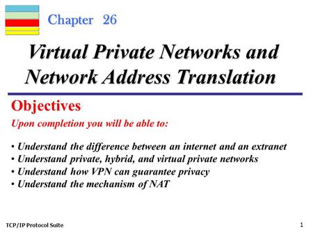 TCP/IP Protocol Suite 1 Chapter 26 Upon completion you will be able to: Virtual Private Networks and Network Address Translation Understand the difference.
