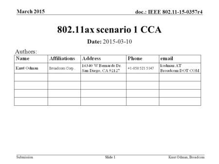 802.11ax scenario 1 CCA Date: Authors: March 2015