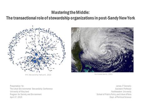Mastering the Middle: The transactional role of stewardship organizations in post-Sandy New York Presentation for The Urban Environmental Stewardship Conference.