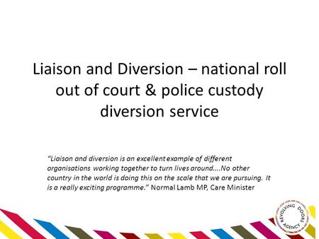 Liaison and Diversion – national roll out of court & police custody diversion service “Liaison and diversion is an excellent example of different organisations.