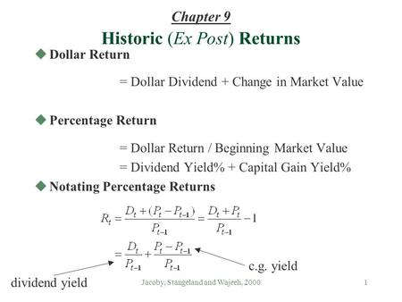 Jacoby, Stangeland and Wajeeh, 20001 uDollar Return = Dollar Dividend + Change in Market Value uPercentage Return = Dollar Return / Beginning Market Value.