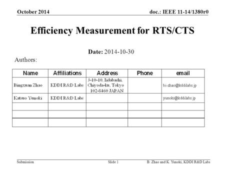 Doc.: IEEE 11-14/1380r0 Submission Efficiency Measurement for RTS/CTS October 2014 B. Zhao and K. Yunoki, KDDI R&D LabsSlide 1 Date: 2014-10-30 Authors: