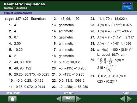 Geometric Sequences pages 427–429 Exercises