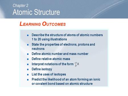 Atomic Structure LEARNING OUTCOMES Chapter 2
