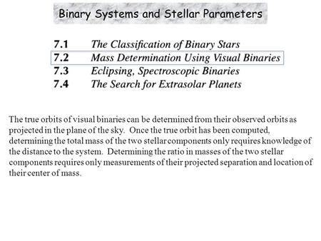 The true orbits of visual binaries can be determined from their observed orbits as projected in the plane of the sky. Once the true orbit has been computed,