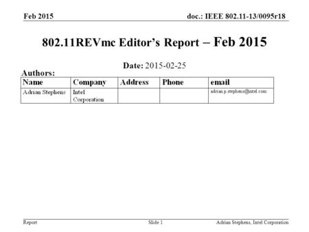 Doc.: IEEE 802.11-13/0095r18 Report Feb 2015 Adrian Stephens, Intel CorporationSlide 1 802.11REVmc Editor’s Report – Feb 2015 Date: 2015-02-25 Authors: