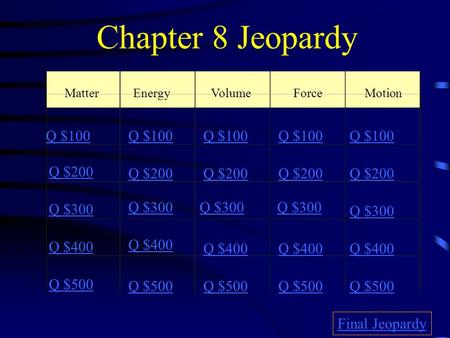 Chapter 8 Jeopardy MatterEnergyVolumeForceMotion Q $100 Q $200 Q $300 Q $400 Q $500 Q $100 Q $200 Q $300 Q $400 Q $500 Final Jeopardy.