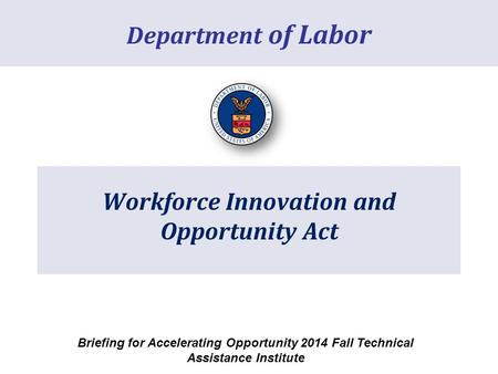 Workforce Innovation and Opportunity Act Department of Labor Briefing for Accelerating Opportunity 2014 Fall Technical Assistance Institute.