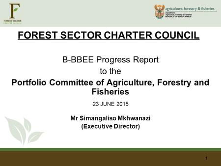 FOREST SECTOR CHARTER COUNCIL B-BBEE Progress Report to the Portfolio Committee of Agriculture, Forestry and Fisheries 23 JUNE 2015 Mr Simangaliso Mkhwanazi.