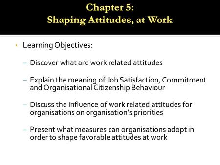 Learning Objectives: – Discover what are work related attitudes – Explain the meaning of Job Satisfaction, Commitment and Organisational Citizenship Behaviour.