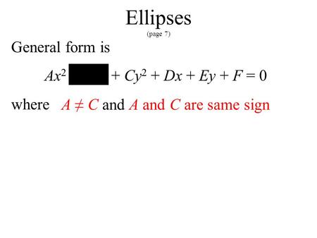 Ellipses (page 7) General form is Ax 2 + Bxy + Cy 2 + Dx + Ey + F = 0 where A ≠ C and A and C are same sign.