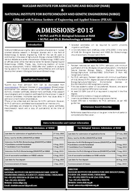 Admissions-2015 NUCLEAR INSTITUTE FOR AGRICULTURE AND BIOLOGY (NIAB) &
