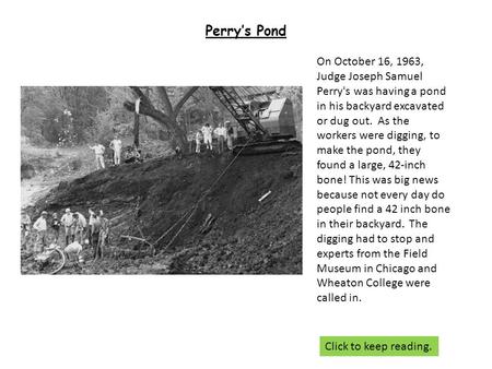 Perry’s Pond On October 16, 1963, Judge Joseph Samuel Perry's was having a pond in his backyard excavated or dug out. As the workers were digging, to make.