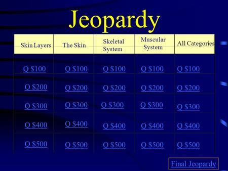 Jeopardy All Categories Q $100 Q $200 Q $300 Q $400 Q $500 Q $100 Q $200 Q $300 Q $400 Q $500 Final Jeopardy Skin LayersThe Skin Skeletal System Muscular.