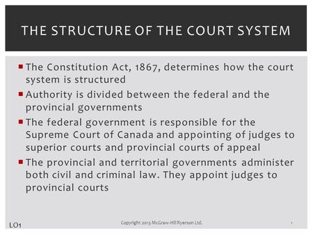  The Constitution Act, 1867, determines how the court system is structured  Authority is divided between the federal and the provincial governments 