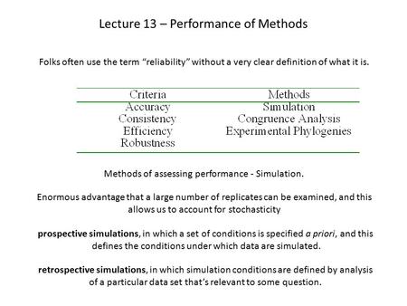 Lecture 13 – Performance of Methods Folks often use the term “reliability” without a very clear definition of what it is. Methods of assessing performance.